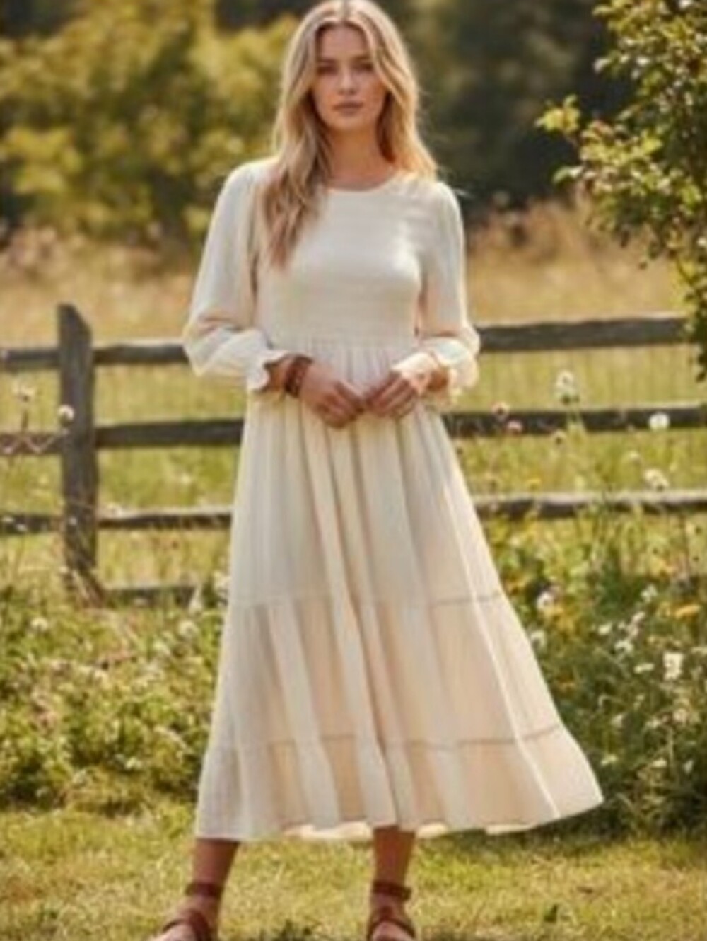 By The River Smocked Long-Sleeve Midi Dress in Cream Size L